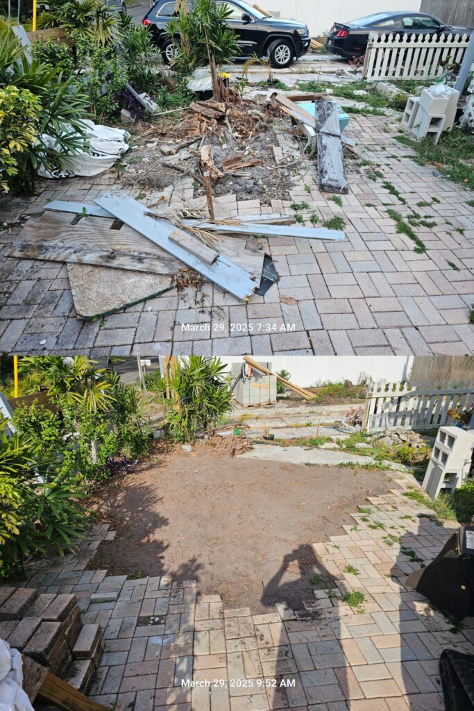Before and after photos of a stump removal and yard cleanup project