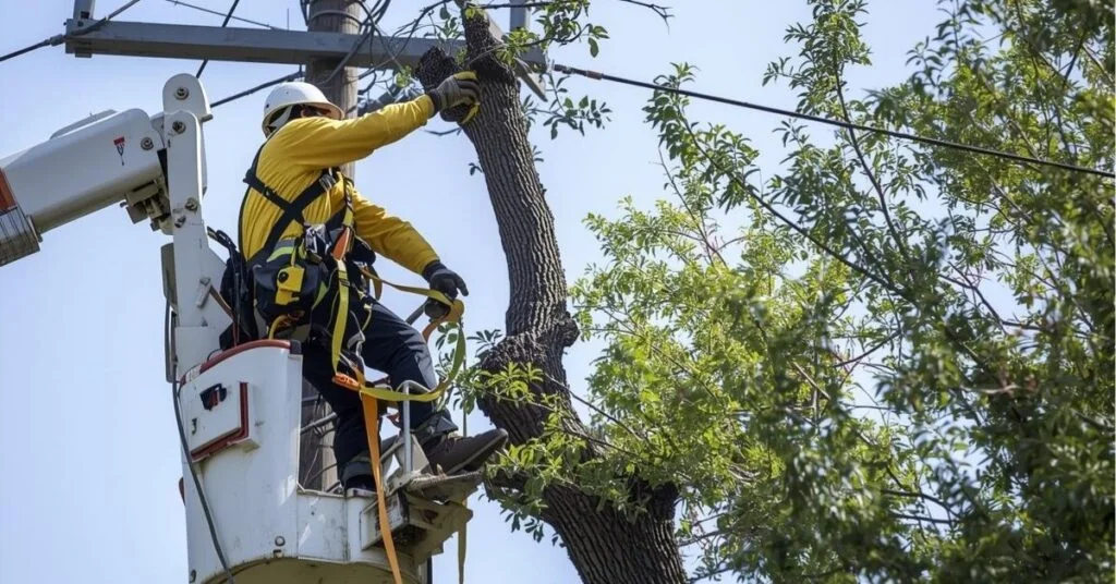 Bucket truck crew clearing tree limbs from a power line service drop